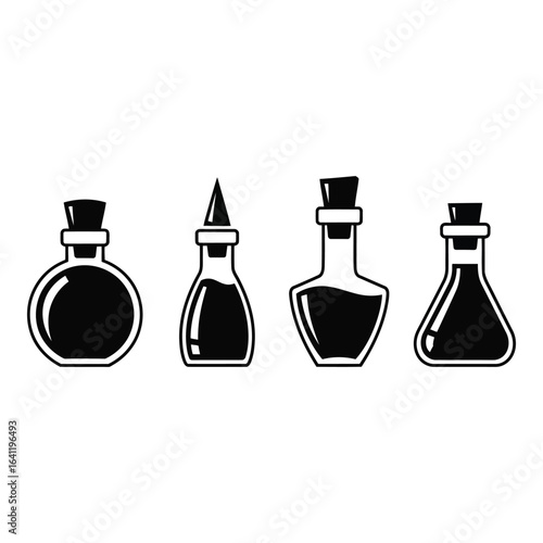 Vector art of four glass bottles with corks isolated on white background