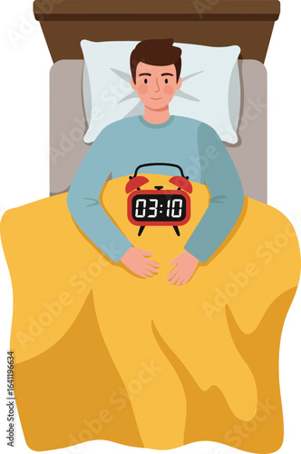 Man lying awake in bed holding alarm clock showing early morning hours in digital display vector illustration