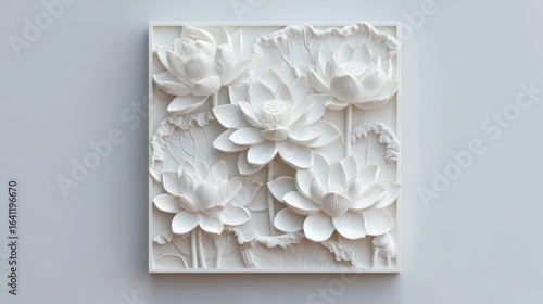 Square bas-relief depicting stylized lotuses and leaves, all in bright white, pristine look