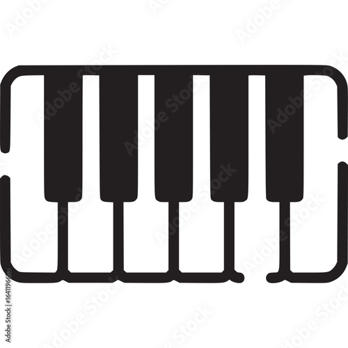 A minimalist piano keyboard icon isolated on white background, featuring a simple design with black and white keys, representing music, melody, and musical instrument