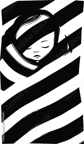 Sleeping baby wrapped, minimalist baby art, newborn illustration, black and white baby sketch, peaceful infant drawing, swaddled child portrait, modern baby design, artistic infant concept