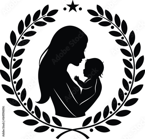 Mother holding baby, motherhood silhouette, mother and child emblem, family love design, baby care logo, maternal bond vector, laurel wreath mother art