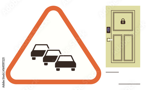 Traffic congestion warning sign paired with a locked door emphasizing security, safety, and controlled access. Ideal for safety, precautions, traffic awareness, access control, smart security, public