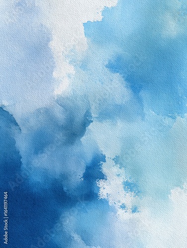 Sky Canvas: An ethereal watercolor painting captures the boundless beauty of a bright, cheerful day with layers of captivating blues and whisps of white, inviting viewers to explore their imagination.