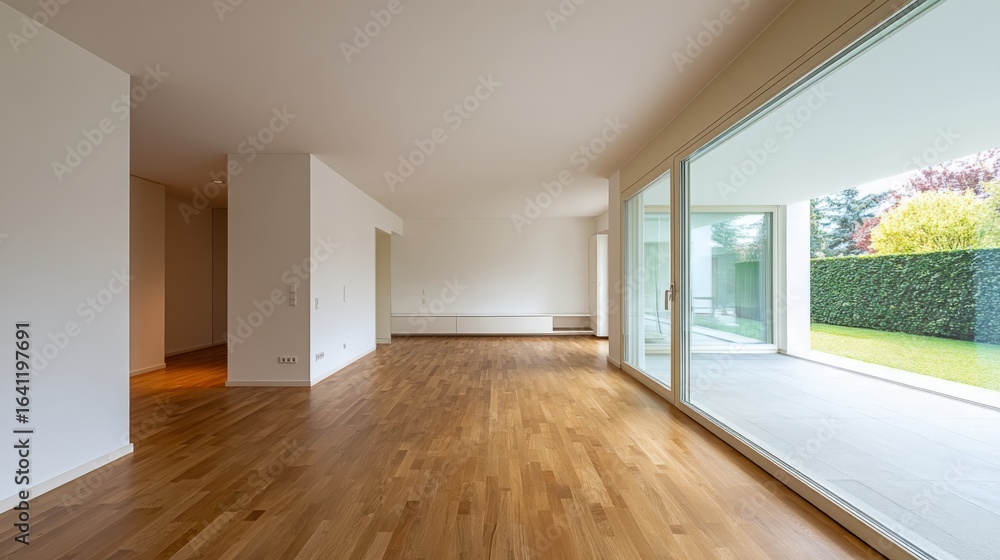 custom made wallpaper toronto digitalBright, Spacious Modern Living Room Interior with Hardwood Floors and Large Windows Overlooking Exterior