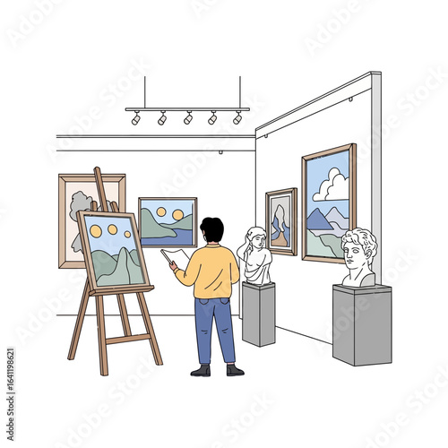 Engaged visitor experiencing cultural daily life activities in a contemporary art gallery observing diverse artworks and finding creative inspiration