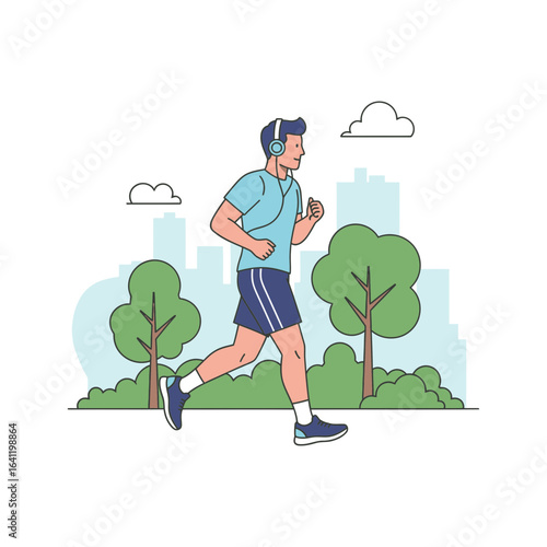 A man enjoys his morning jog in a vibrant city park while listening to music depicting a healthy daily routine and urban wellness