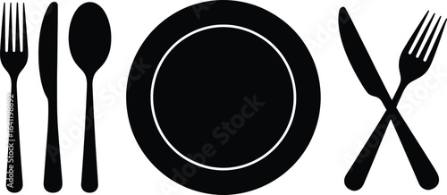 Tableware plate cutlery fork knife spoon dining restaurant kitchen utensil silverware dinnerware meal icon silhouette