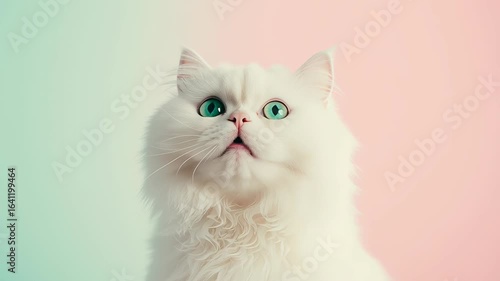 Fluffy white cat with turquoise eyes against pastel background licking lips