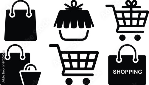 Collection of black shopping bags and carts icons representing commerce and retail