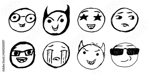 Set of scratched kid emoticons doodles hand drawn, Pencil or chalk drawing of different emotions, Vector illustration.