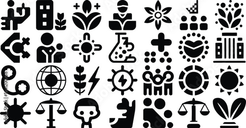 Collection of medical and business icons representing healthcare and corporate concepts