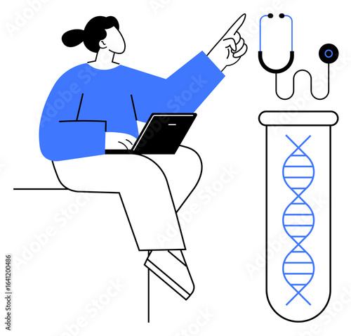 Person sitting with a laptop, pointing at DNA helix in a test tube next to a stethoscope. Ideal for research, science, healthcare, technology, education, innovation, analysis simple flat metaphor