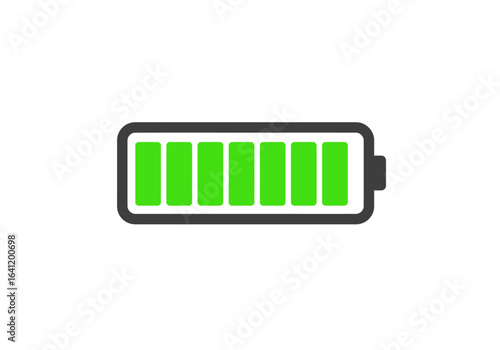 A simple icon of a fully charged battery with green power bars on a white background.