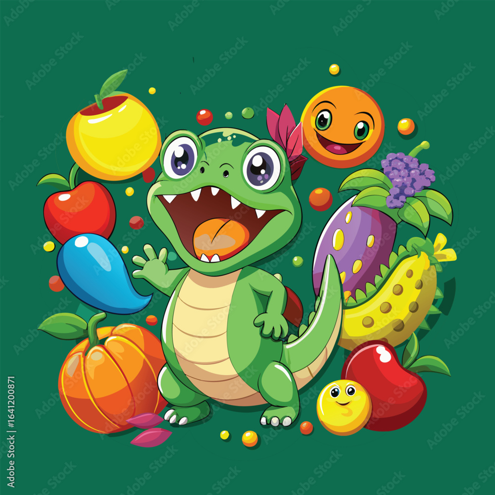 Fototapeta premium Cheerful Cartoon Dino with Colorful Fruits and Veggies