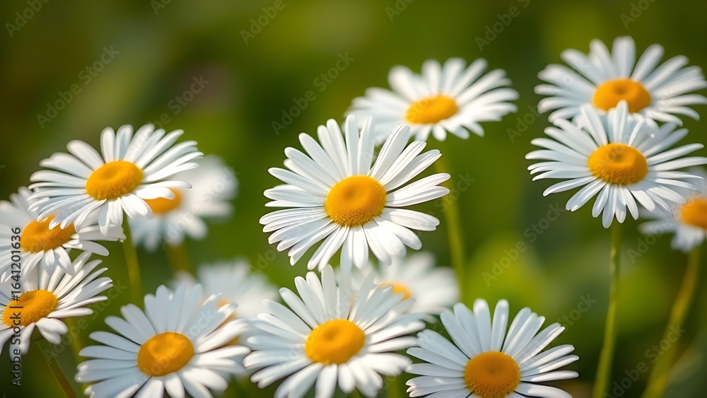 Obraz premium Fresh daisies bathed in sunlight with a soft green background, showcasing delicate petals in close-up.