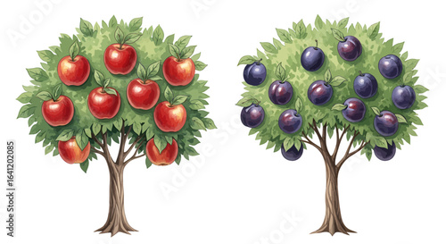 Two vibrant fruit trees bearing ripe apples and plums, a visual treat.