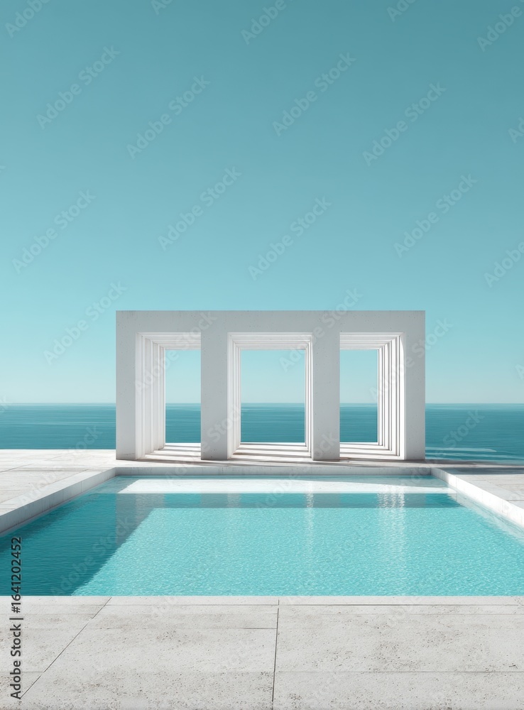 Fototapeta premium A serene architectural structure with pillars and a pool reflects against a tranquil expanse of water under a clear, azure sky, creating a sense of peace.