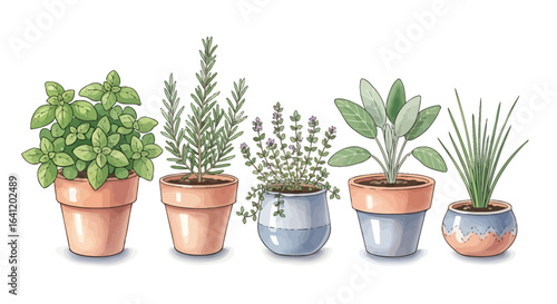 A collection of fresh herbs thriving in various ceramic pots.