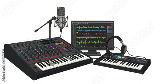Electronic music production setup with synthesizer, computer, microphone, and headphones.