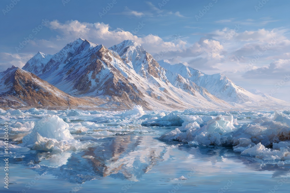 Fototapeta premium Snow-capped mountains, icy river and snow all around. Generative AI