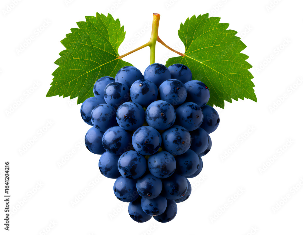 Fototapeta premium Deep Blue Glossy Grapes Cluster with Green Leaves on Transparent Background, 3D Realism Graphic for Web Design