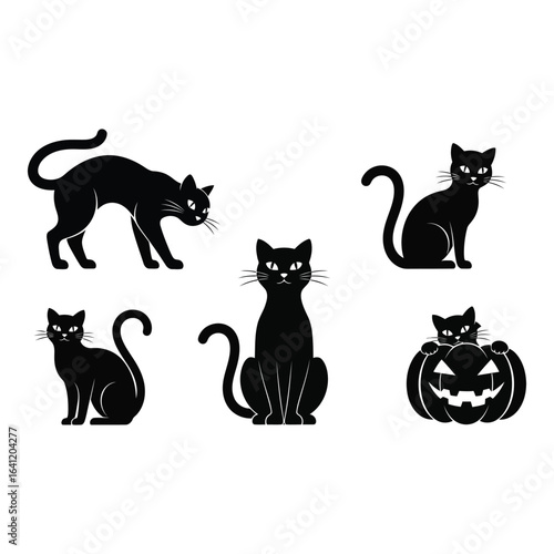 Vector art of black cats in various poses isolated on white background