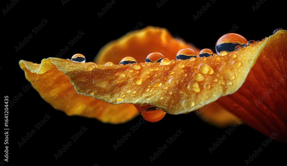 Fototapeta premium Orange petal dew drops macro nature closeup dark background botany