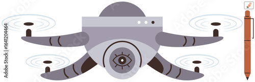 High-tech drone equipped with camera lens and rotors for surveillance or delivery displayed near smart pen. Ideal for technology, innovation, surveillance, creativity, logistics, gadgets, simple