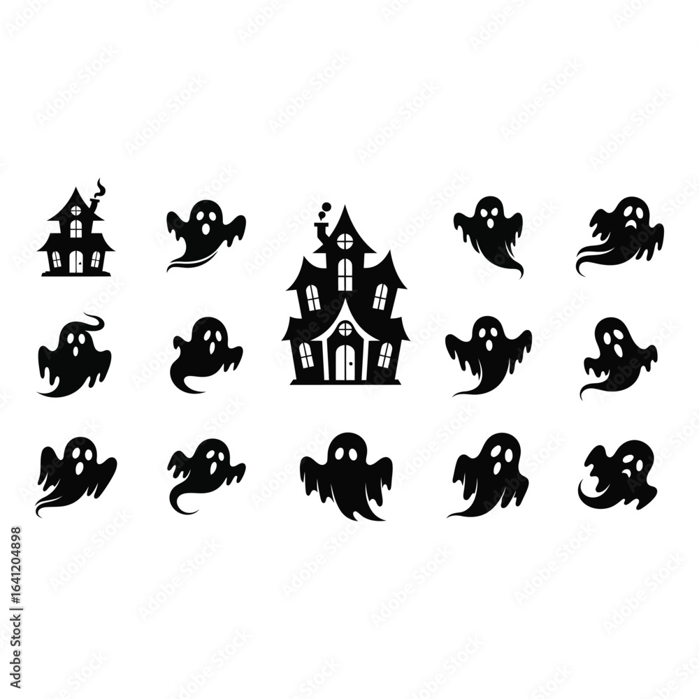 Obraz premium Vector art of collection of halloween ghosts and houses
