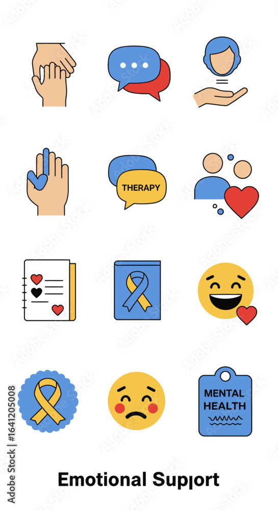 Fototapeta premium A set of colorful icons illustrating concepts of emotional support, therapy, and mental health awareness.
