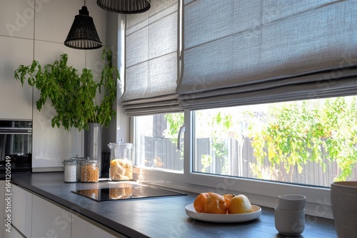 Stylish Roman Shades in a Minimalist Kitchen Environment