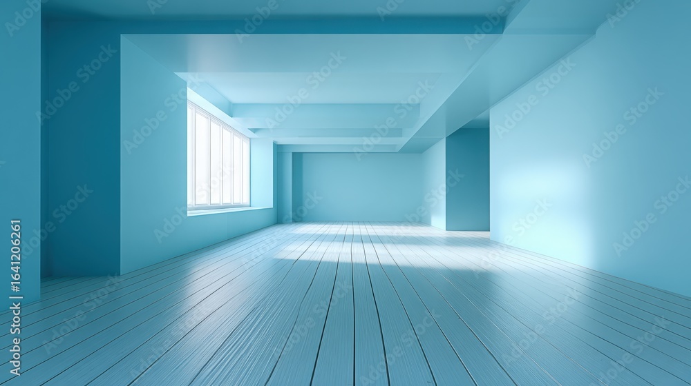 Fototapeta premium Minimalist Blue Room Interior with Sunlight on Wooden Floor, Modern Architecture and Design, Light and Shadow