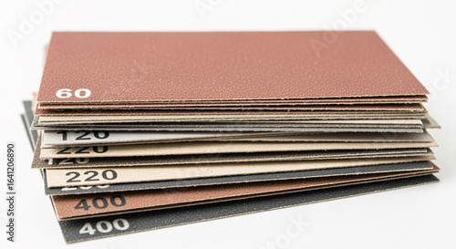 Stack of sandpaper sheets in various grits for woodworking and diy projects on a white background