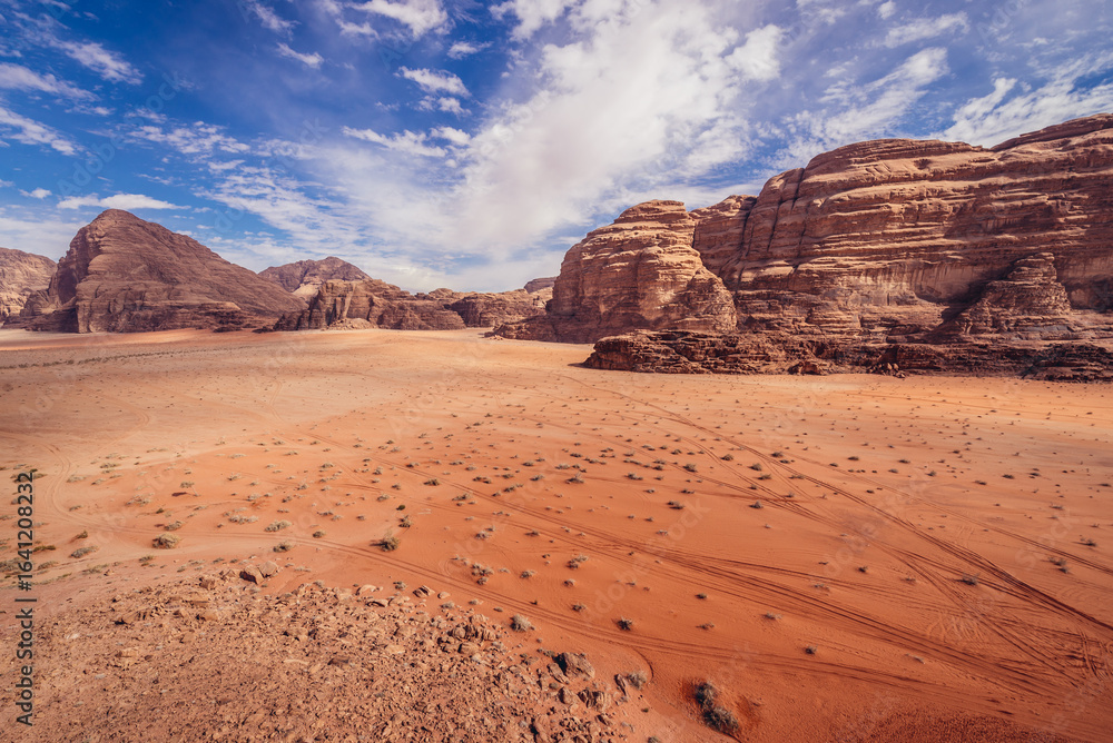 Obraz premium Aerial view from a rocks above so called Lawrence Haouse in Wadi Rum also known as Valley of light or Valley of sand in Jordan