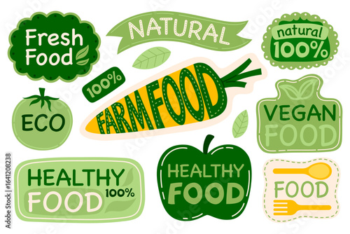 Organic fresh healthy food labels. Bio eco friendly natural meal logo. Sticker for vegan products. Local farm market emblem. Flat Vector illustration