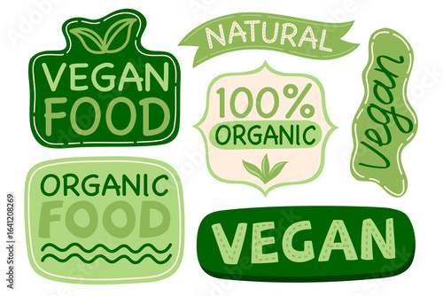 Sticker for vegan products. Organic fresh healthy food labels. Bio eco friendly natural meal logo. Local farm market emblem. Flat Vector illustration