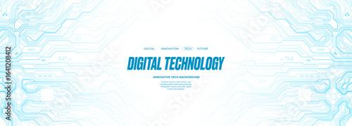 Horizontal web banner. Circuit board technology background with AI chip and computer components. Abstract electronics tech innovation concept. Blue wires on white bg. Cyber pattern vector Illustration