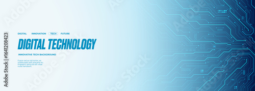 Digital technology web banner with circuit board and electronics components on a white background. AI chip or semiconductor, and thin lines as circuit board wires. Tech bg. Vector illustration