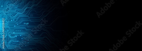 Circuit board on technology blue background. Horizontal web banner with an empty text place. AI chip on a futuristic chipset motherboard. Abstract digital tech pattern. Vector illustration.