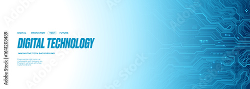 Web banner with circuit board. AI innovation tech concept. Technology white blue background. Futuristic template for tech presentations. Digital vector illustration.