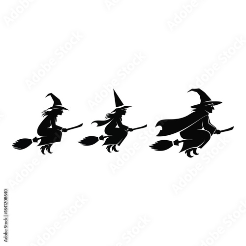 Vector art of three witches flying on broomsticks isolated on white background