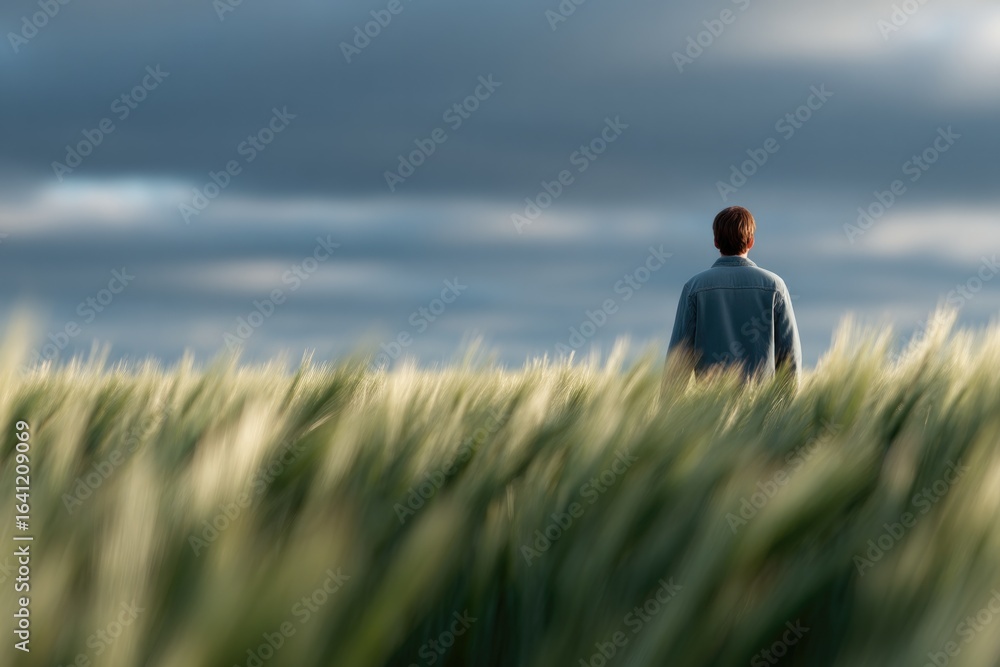 Lonely figure stands amidst vast green wheat field under dramati Lonely figure stands amidst vast green wheat field under dramati