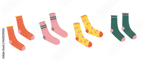 Warm knit socks collection autumn or fall clothes.  Doodle with knitted wool and cotton sock. Footwear with various ornaments, fashionable trendy accessory for design. Hand drawn vector illustration