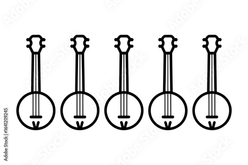 A row of five identical black and white outline banjo instruments aligned horizontally on white