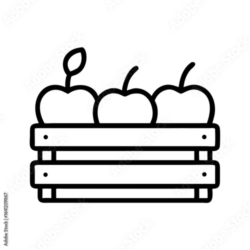 Crate filled with three apples in minimalistic line art style  