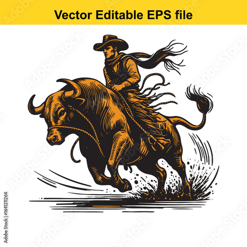 Cowboy Thrown from Bull, bull riding, Vintage Linocut Style Illustration