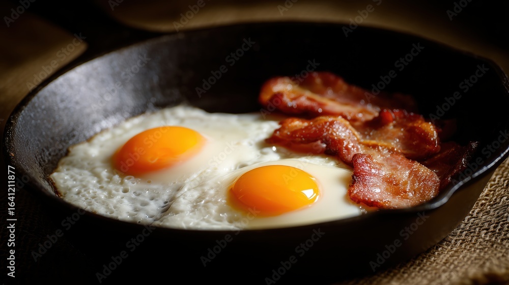 A delicious and tempting breakfast featuring two sunny-side-up eggs with vibrant yolks and crispy bacon, presented in a rustic cast-iron skillet. A delicious and tempting breakfast featuring two sunny-side-up eggs with vibrant yolks and crispy bacon, presented in a rustic cast-iron skillet.