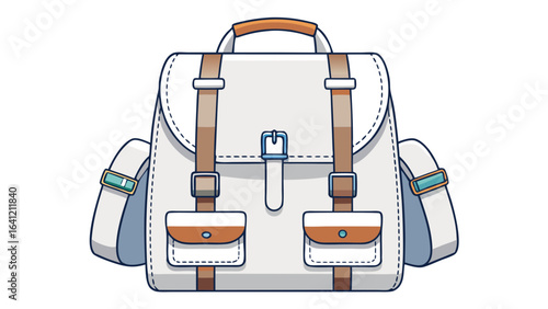  close up White women's bag backpack with straps and two fasteners, on a white background, isolate white background,