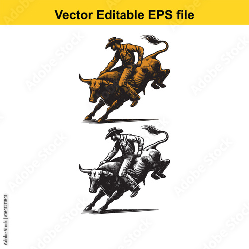 Cowboy Thrown from Bull, bull riding, Vintage Linocut Style Illustration